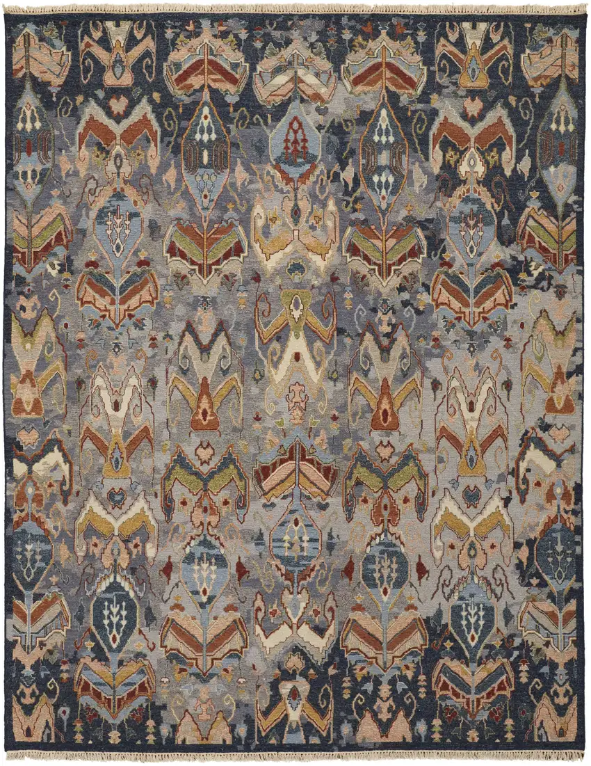 Blue Gray and Brown Wool Ikat Hand Knotted Area Rug With Fringe Photo 2