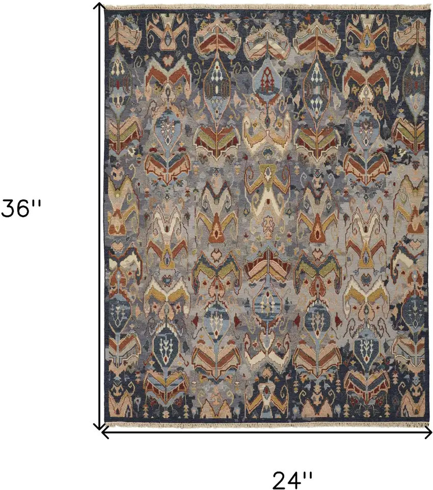 Blue Gray and Brown Wool Ikat Hand Knotted Area Rug With Fringe Photo 3
