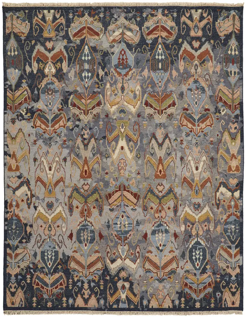 Blue Gray and Brown Wool Ikat Hand Knotted Area Rug With Fringe Photo 6