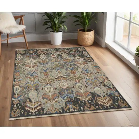 Blue Gray and Brown Wool Ikat Hand Knotted Area Rug With Fringe Photo 1