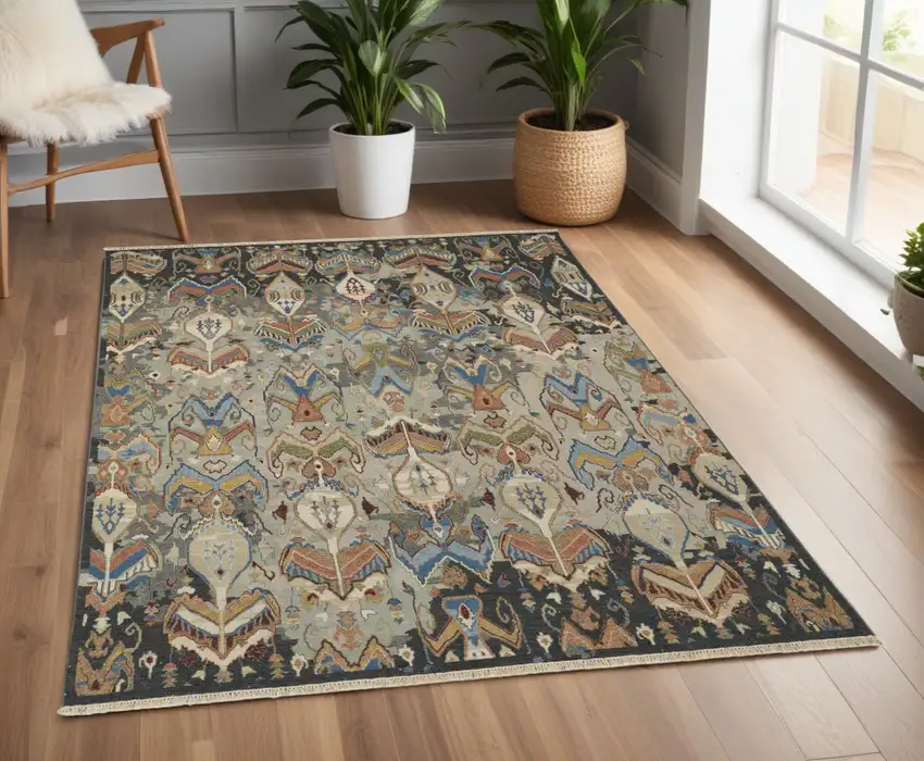 Blue Gray and Brown Wool Ikat Hand Knotted Area Rug With Fringe Photo 1