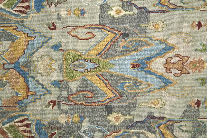 Blue Gray and Brown Wool Ikat Hand Knotted Area Rug With Fringe Photo 9