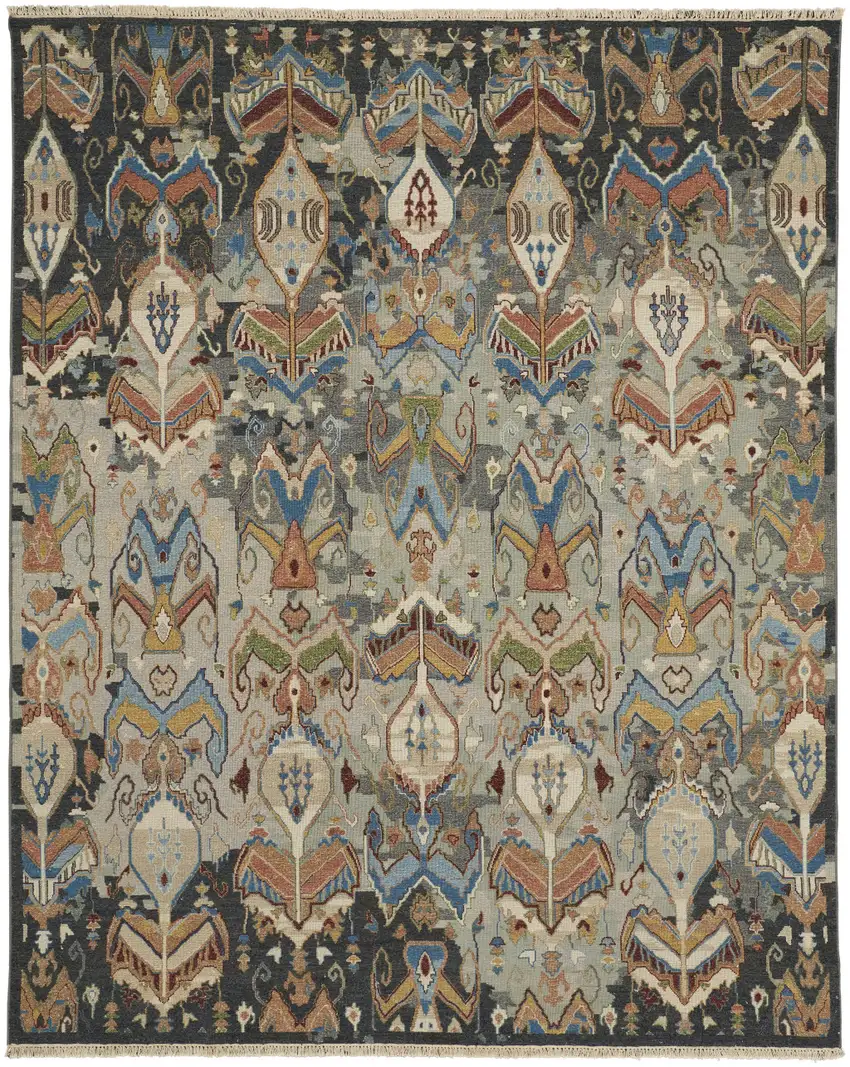 Blue Gray and Brown Wool Ikat Hand Knotted Area Rug With Fringe Photo 5