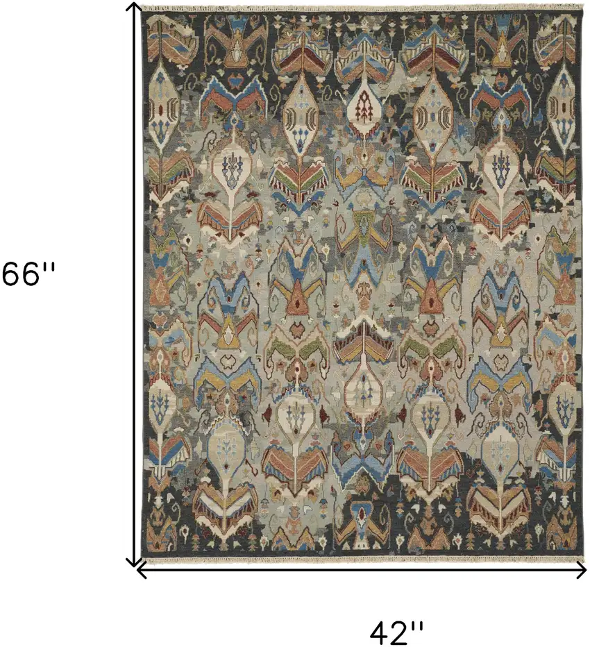 Blue Gray and Brown Wool Ikat Hand Knotted Area Rug With Fringe Photo 3