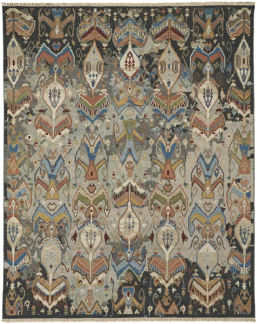 Blue Gray and Brown Wool Ikat Hand Knotted Area Rug With Fringe Photo 4
