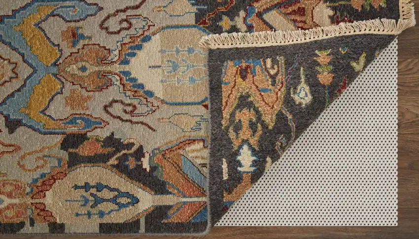 Blue Gray and Brown Wool Ikat Hand Knotted Area Rug With Fringe Photo 8