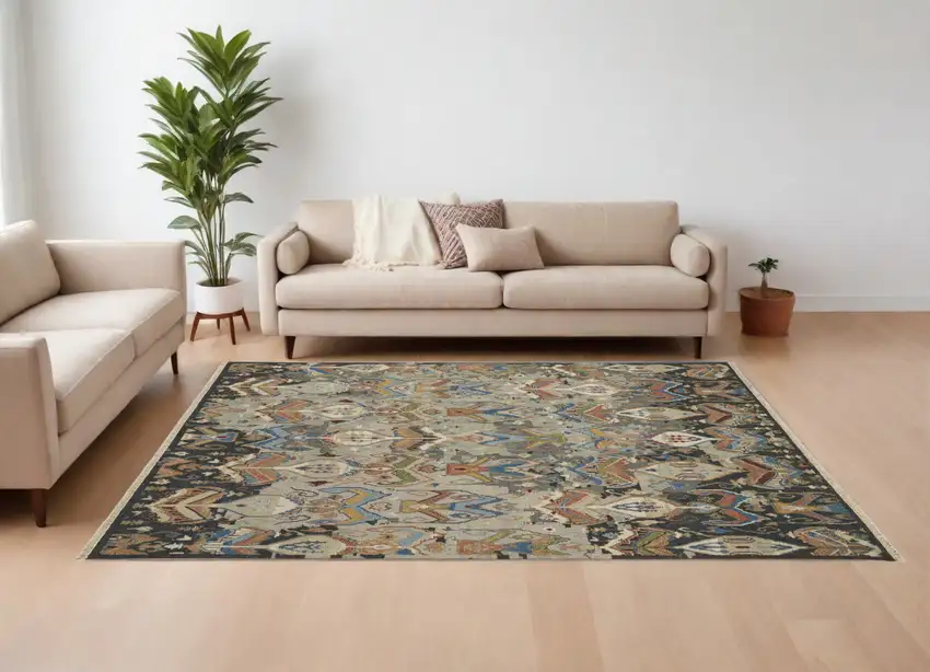 Blue Gray and Brown Wool Ikat Hand Knotted Area Rug With Fringe Photo 1
