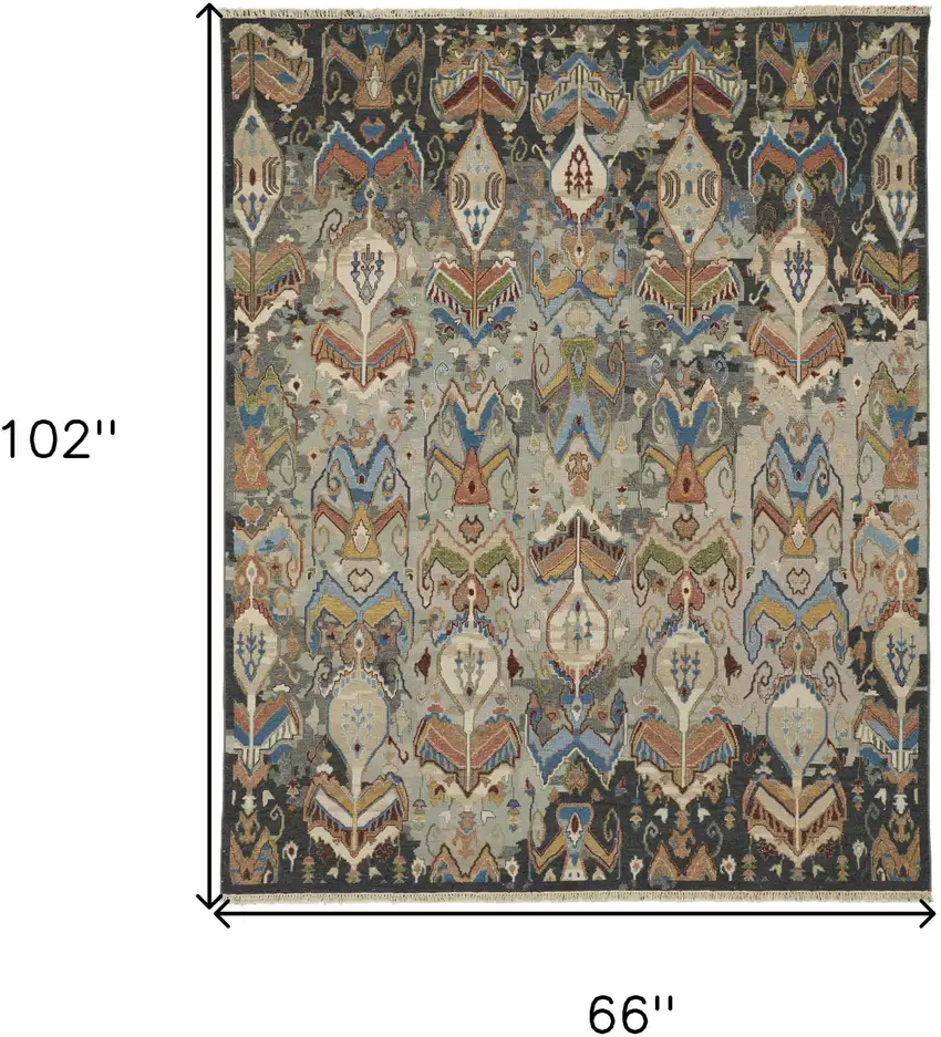 Blue Gray and Brown Wool Ikat Hand Knotted Area Rug With Fringe Photo 3