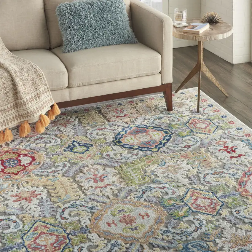 Blue Gray and Green Floral Distressed Non Skid Area Rug Photo 7