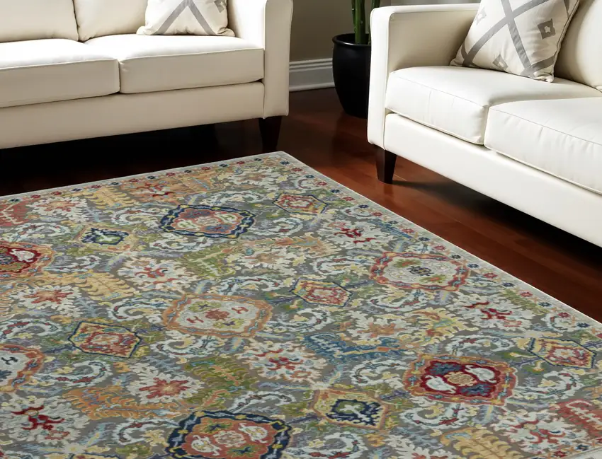 Blue Gray and Green Floral Distressed Non Skid Area Rug Photo 1