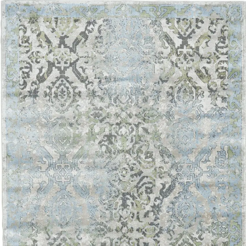 Blue Gray and Green Floral Power Loom Worn Faded Area Rug Photo 6