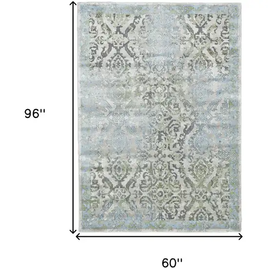 Blue Gray and Green Floral Power Loom Worn Faded Area Rug Photo 3