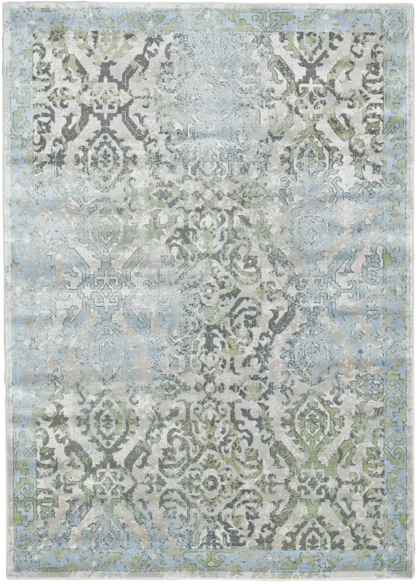 Blue Gray and Green Floral Power Loom Worn Faded Area Rug Photo 2