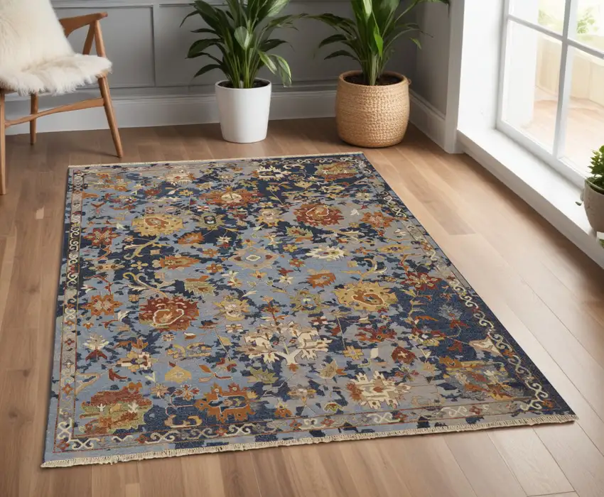 Blue Gray and Red Wool Floral Hand Knotted Area Rug With Fringe Photo 1