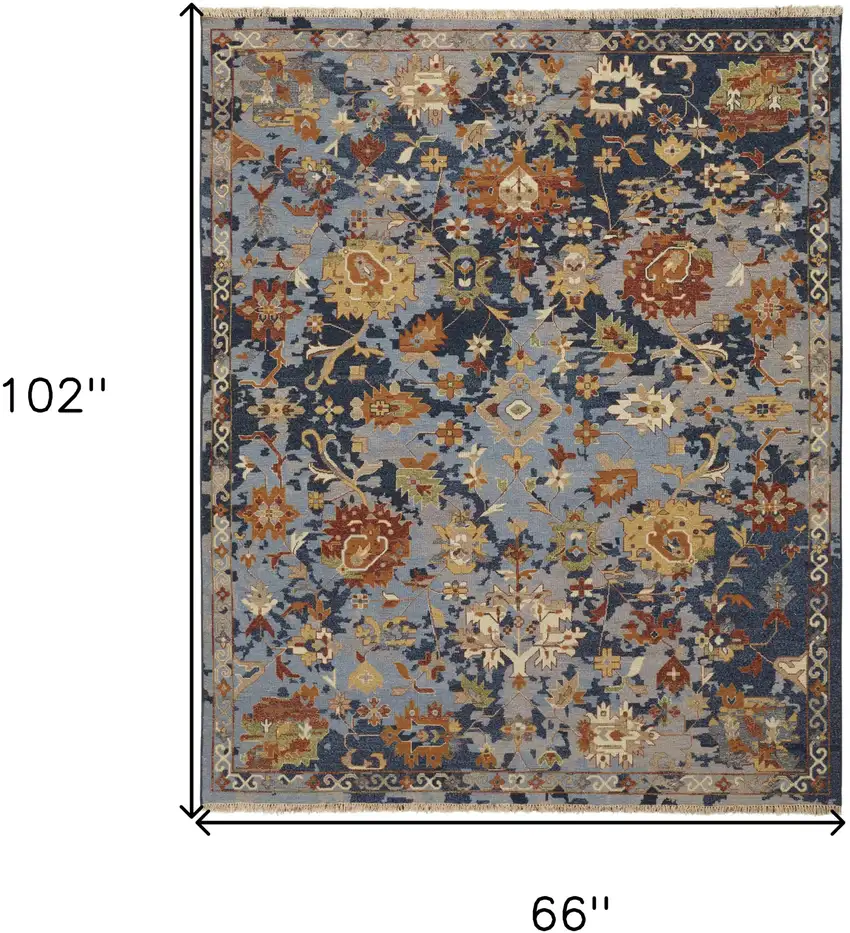 Blue Gray and Red Wool Floral Hand Knotted Area Rug With Fringe Photo 3