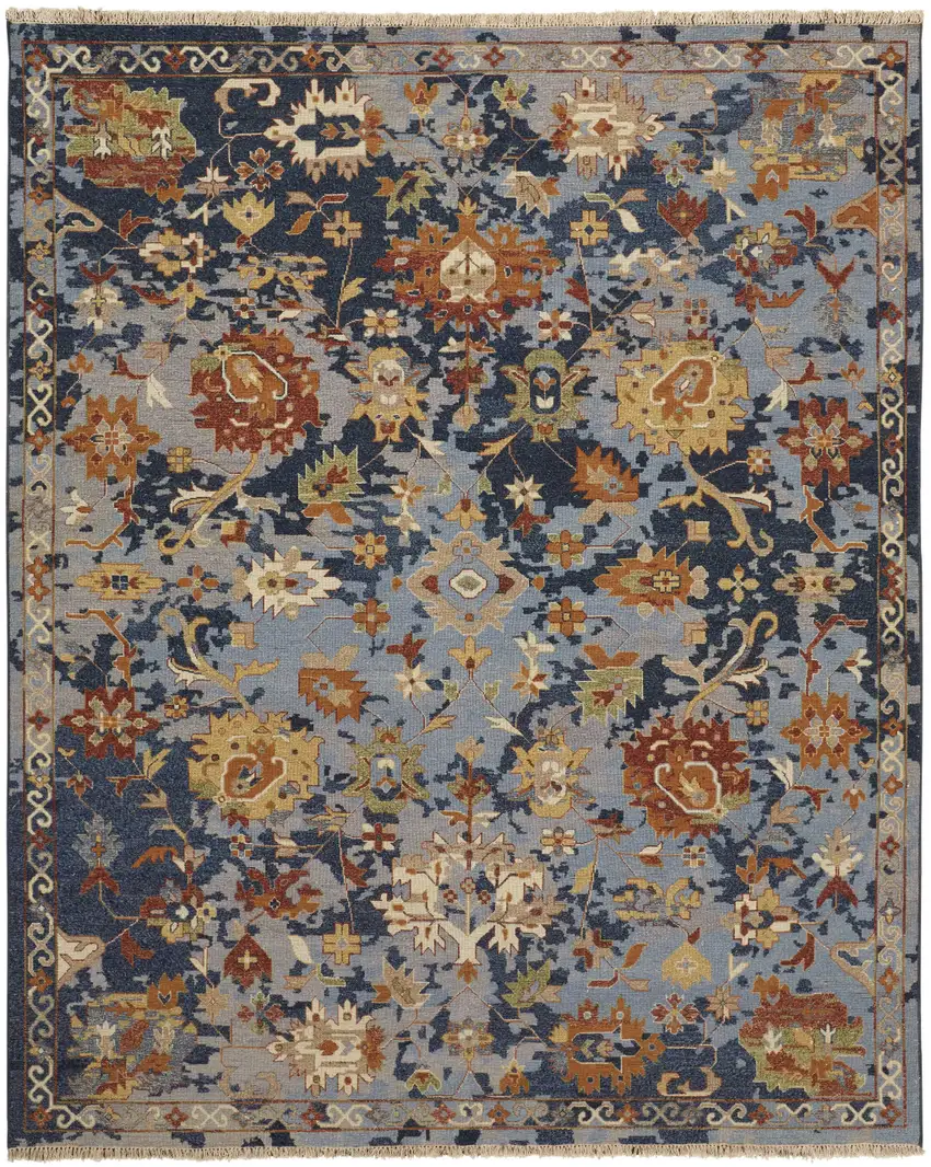 Blue Gray and Red Wool Floral Hand Knotted Area Rug With Fringe Photo 5
