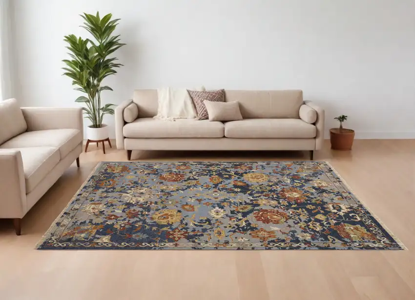 Blue Gray and Red Wool Floral Hand Knotted Area Rug With Fringe Photo 1