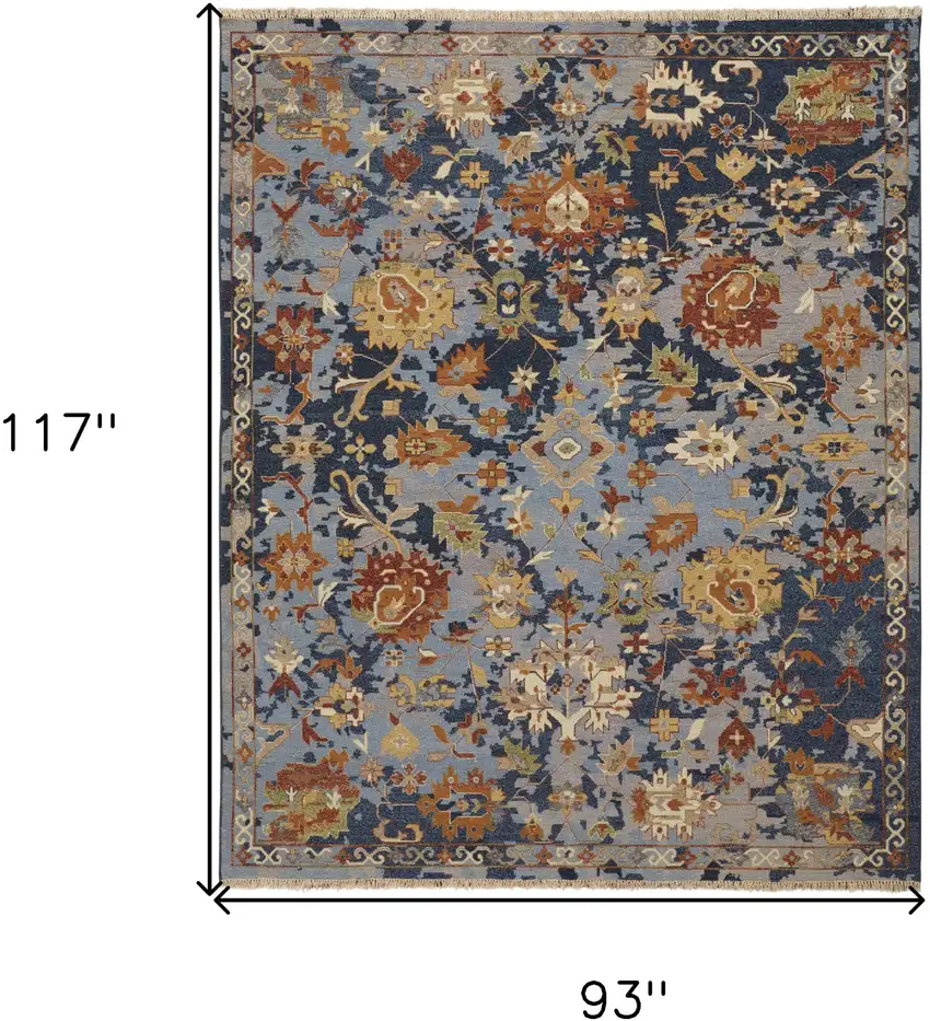 Blue Gray and Red Wool Floral Hand Knotted Area Rug With Fringe Photo 3