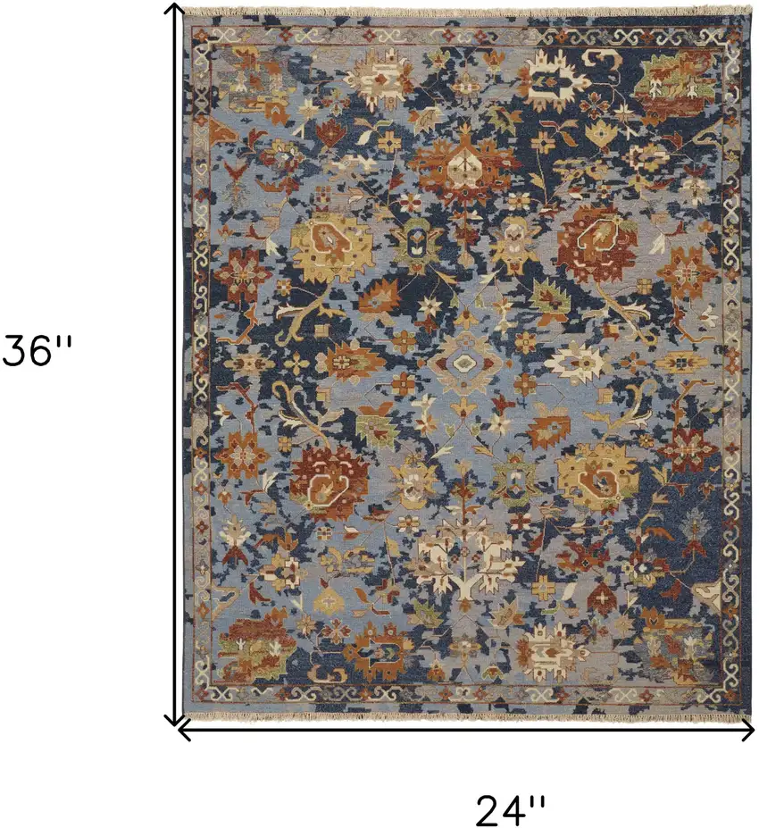 Blue Gray and Red Wool Floral Hand Knotted Area Rug With Fringe Photo 3