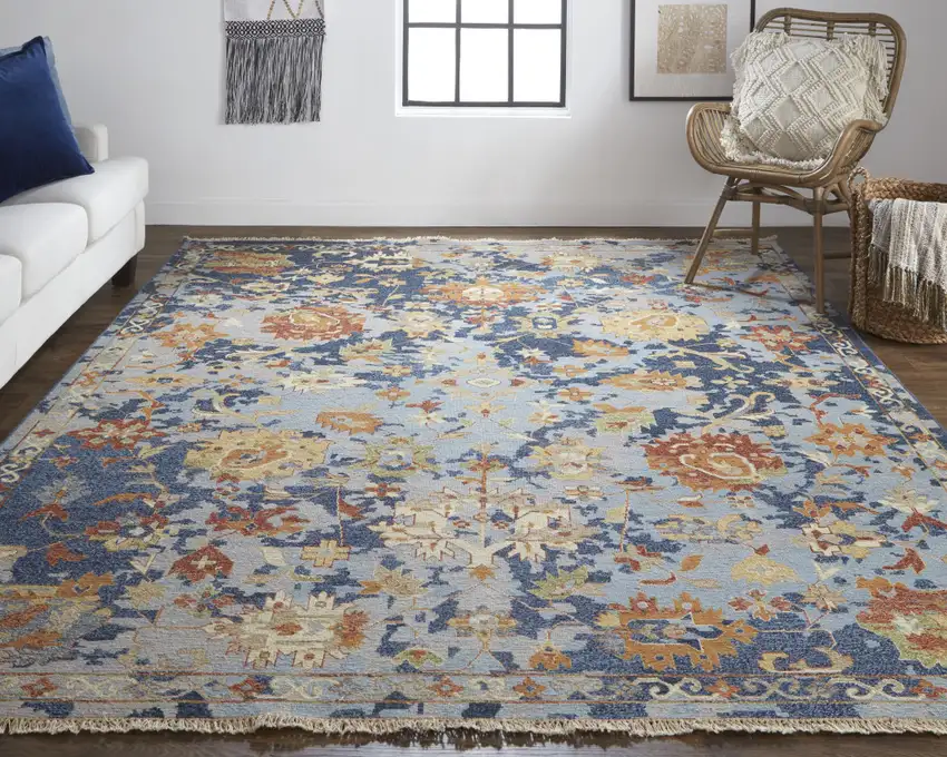 Blue Gray and Red Wool Floral Hand Knotted Area Rug With Fringe Photo 8