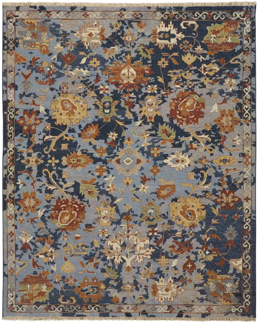Blue Gray and Red Wool Floral Hand Knotted Area Rug With Fringe Photo 2