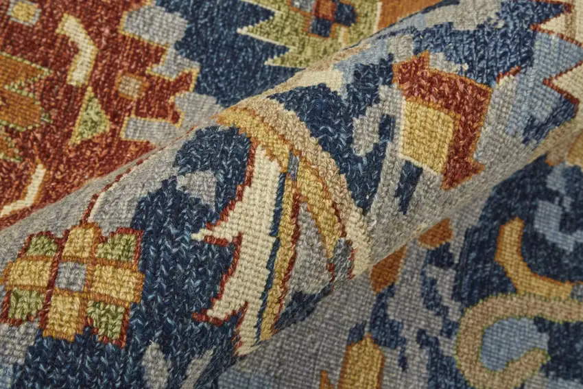 Blue Gray and Red Wool Floral Hand Knotted Area Rug With Fringe Photo 4