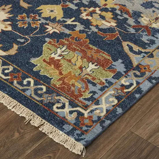 Blue Gray and Red Wool Floral Hand Knotted Area Rug With Fringe Photo 7
