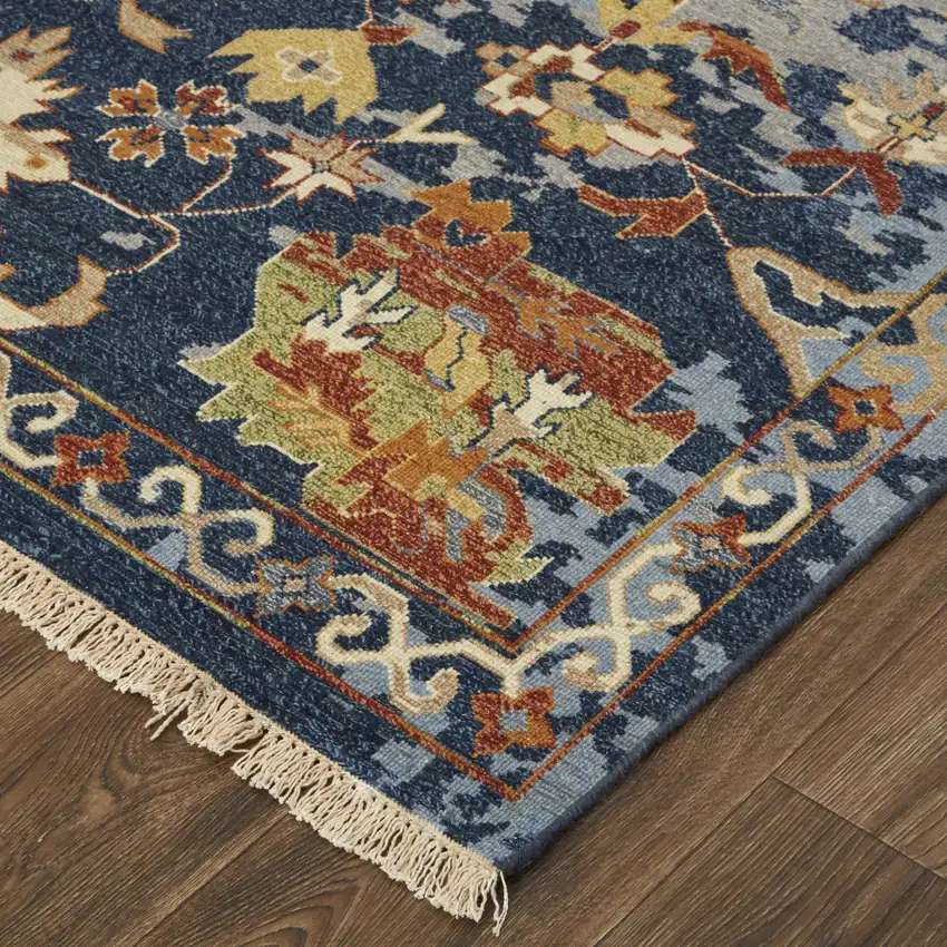 Blue Gray and Red Wool Floral Hand Knotted Area Rug With Fringe Photo 7