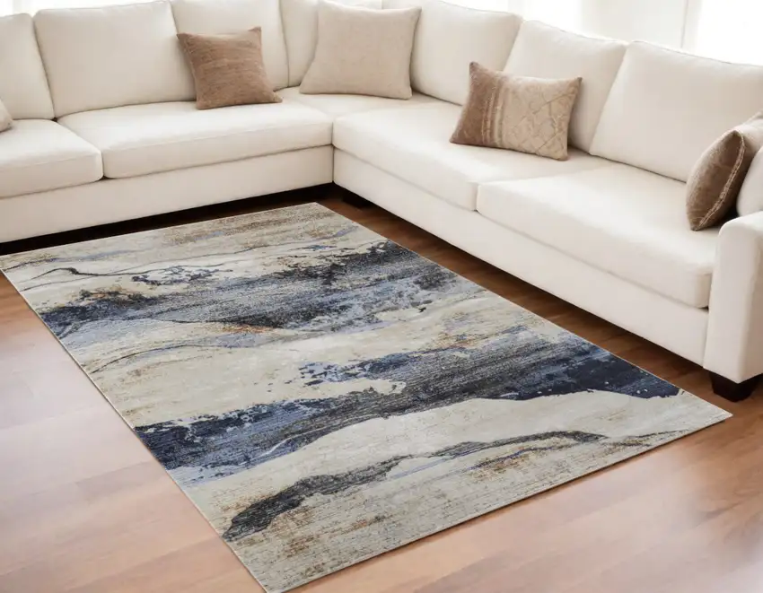 Blue Gray and Tan Abstract Power Loom Area Rug Photo 1