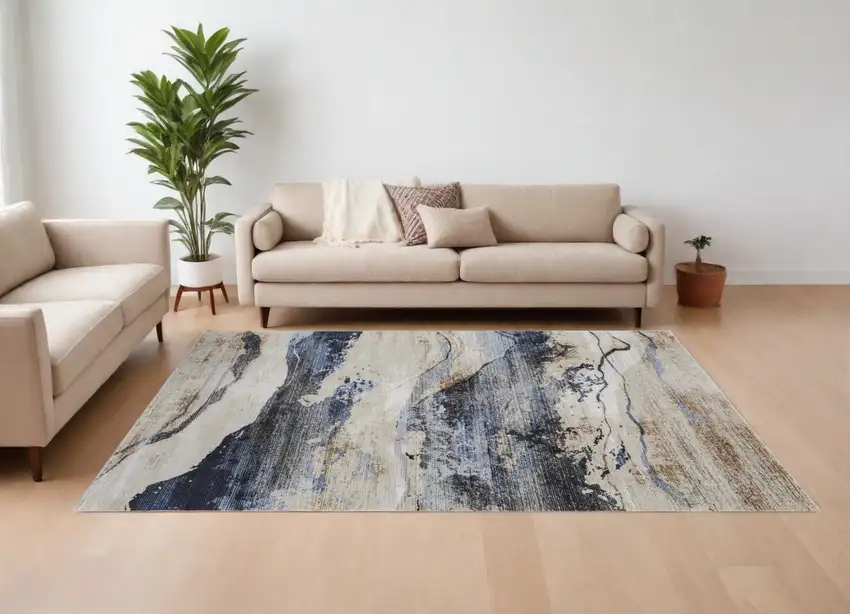 Blue Gray and Tan Abstract Power Loom Area Rug Photo 1