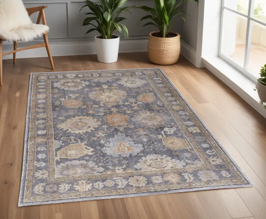 Blue Gray and Tan Oriental Hand Knotted Worn Faded Area Rug Photo 1