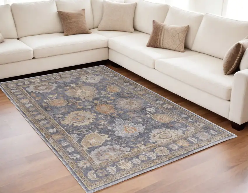 Blue Gray and Tan Oriental Hand Knotted Worn Faded Area Rug Photo 1