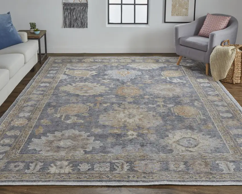 Blue Gray and Tan Oriental Hand Knotted Worn Faded Area Rug Photo 5