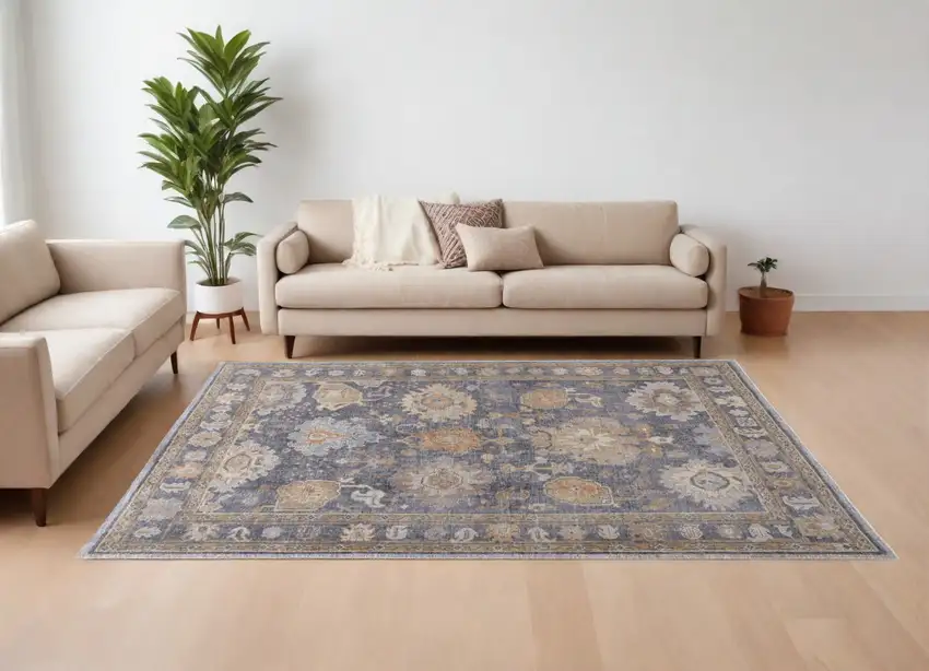 Blue Gray and Tan Oriental Hand Knotted Worn Faded Area Rug Photo 1