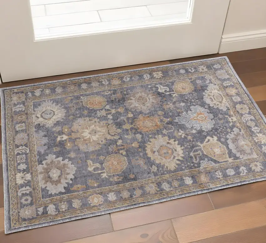 Blue Gray and Tan Oriental Hand Knotted Worn Faded Area Rug Photo 1