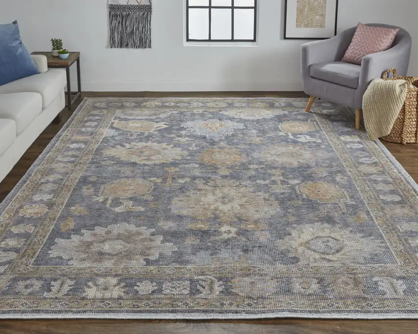 Blue Gray and Tan Oriental Hand Knotted Worn Faded Area Rug Photo 8