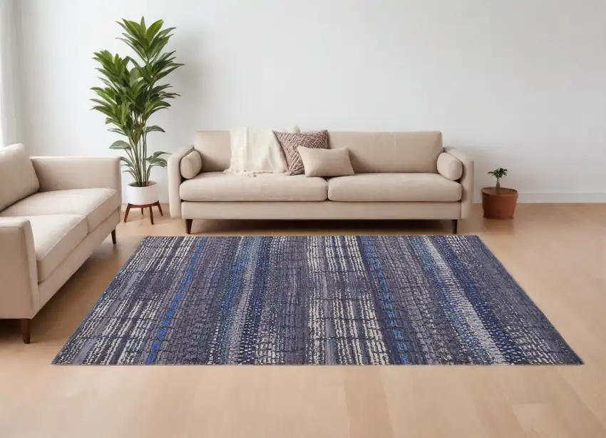 Blue Gray and Tan Striped Power Loom Worn Faded Washable Area Rug Photo 1