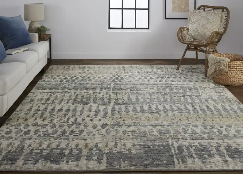 Blue Gray and Tan Wool Abstract Hand Knotted Area Rug Photo 8