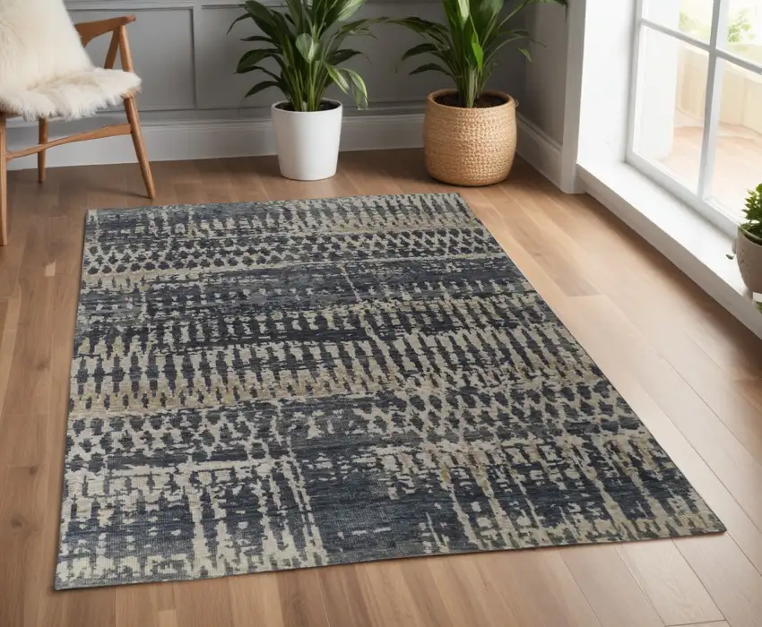 Blue Gray and Tan Wool Abstract Hand Knotted Area Rug Photo 1
