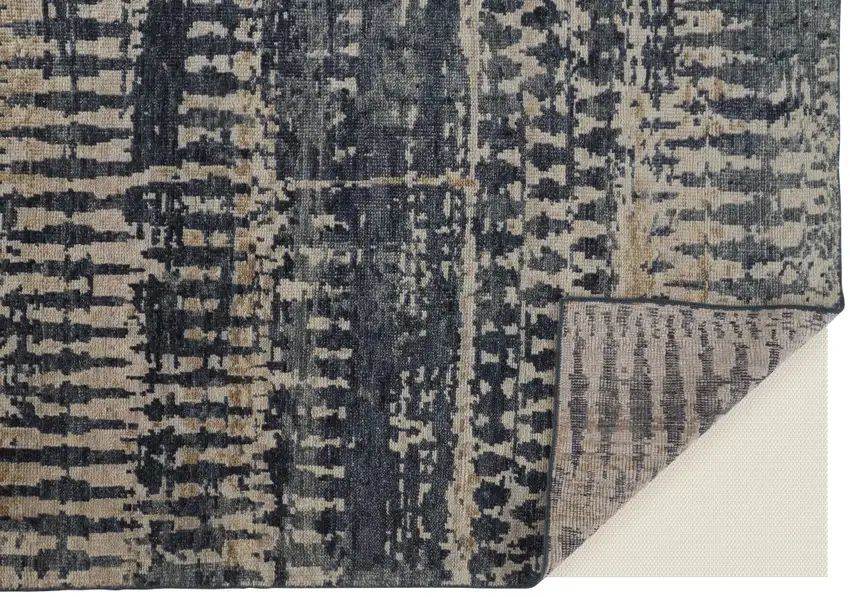 Blue Gray and Tan Wool Abstract Hand Knotted Area Rug Photo 7