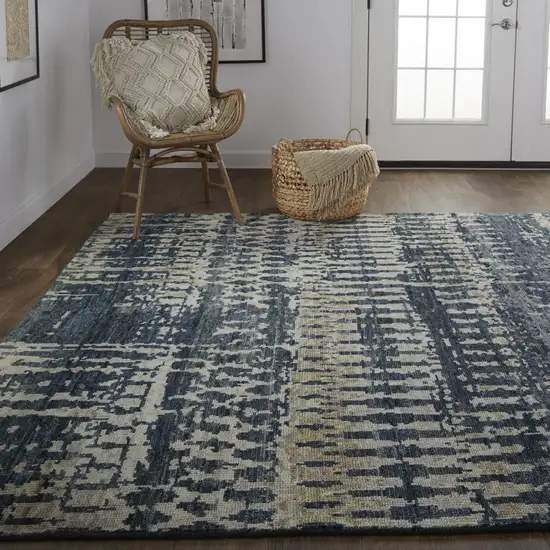 Blue Gray and Tan Wool Abstract Hand Knotted Area Rug Photo 9