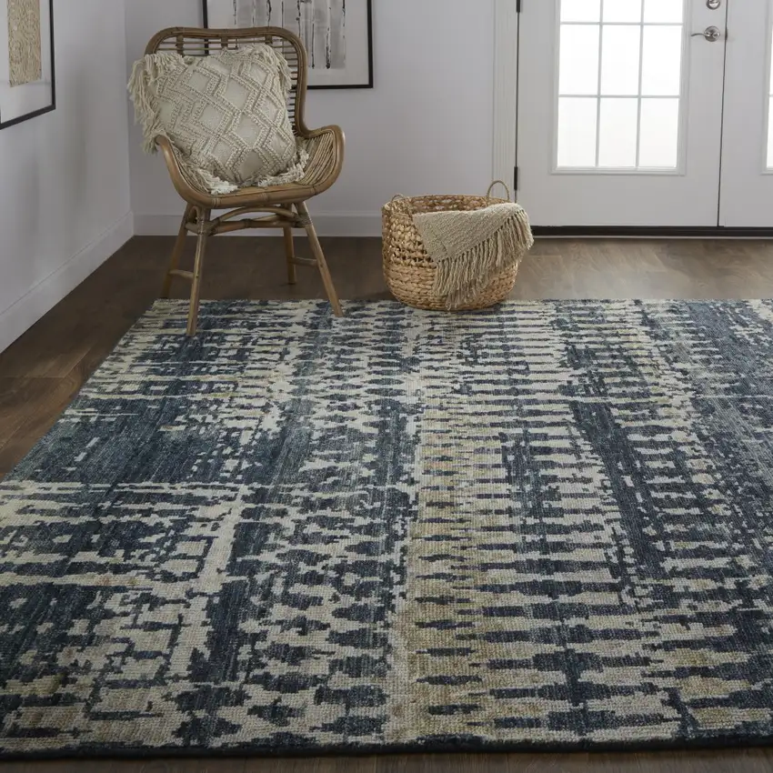 Blue Gray and Tan Wool Abstract Hand Knotted Area Rug Photo 9