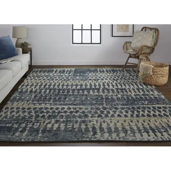 Blue Gray and Tan Wool Abstract Hand Knotted Area Rug Photo 9