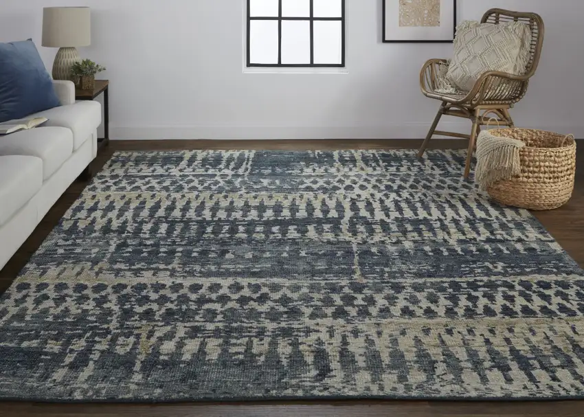 Blue Gray and Tan Wool Abstract Hand Knotted Area Rug Photo 9