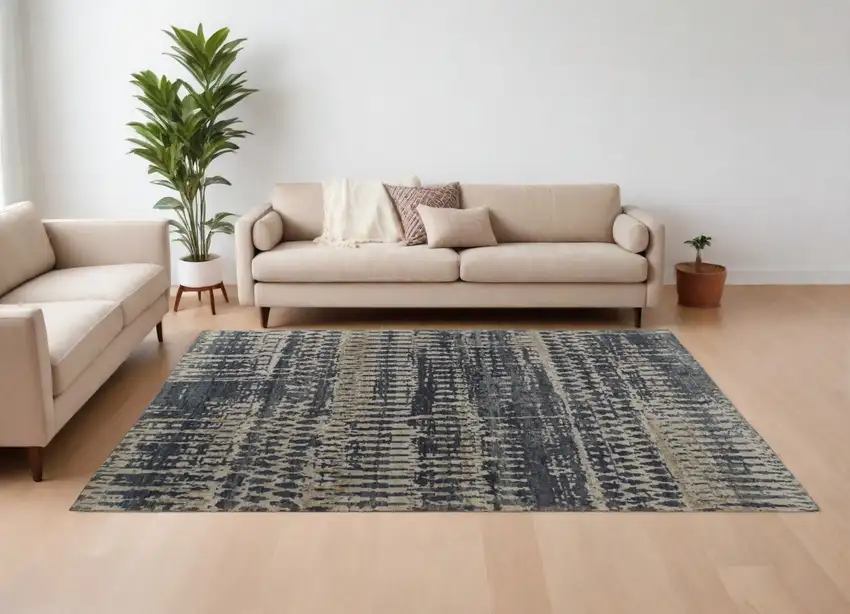 Blue Gray and Tan Wool Abstract Hand Knotted Area Rug Photo 1