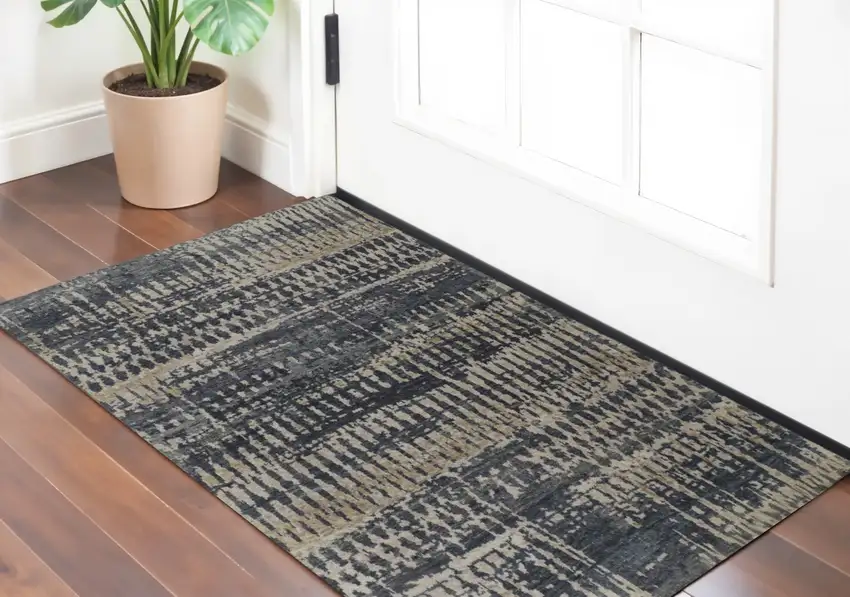 Blue Gray and Tan Wool Abstract Hand Knotted Area Rug Photo 1