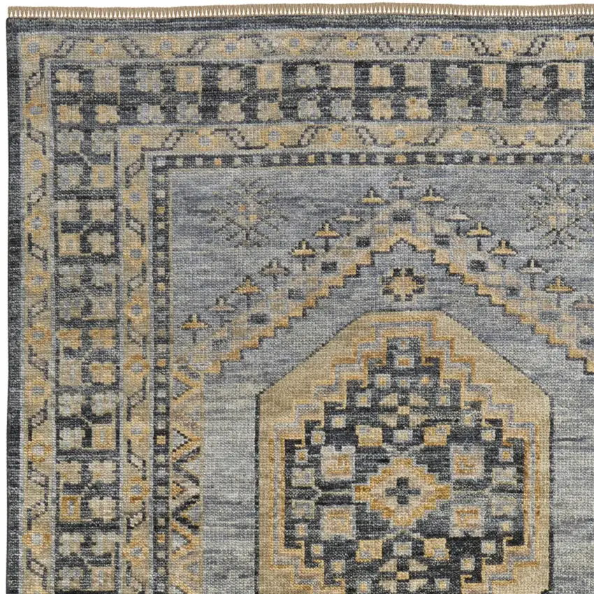 Blue Gray and Tan Wool Oriental Hand Knotted Area Rug With Fringe Photo 9