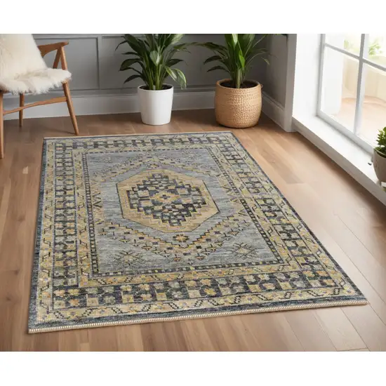 Blue Gray and Tan Wool Oriental Hand Knotted Area Rug With Fringe Photo 1