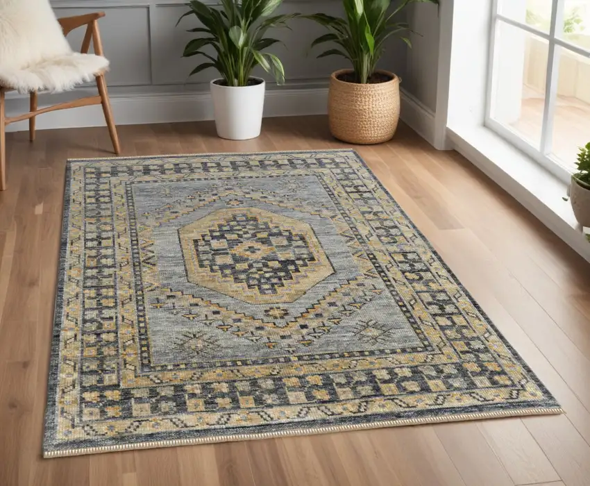 Blue Gray and Tan Wool Oriental Hand Knotted Area Rug With Fringe Photo 1