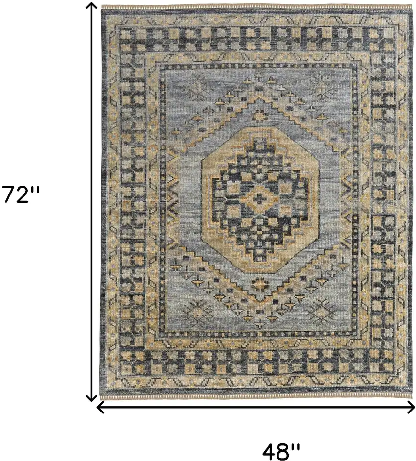 Blue Gray and Tan Wool Oriental Hand Knotted Area Rug With Fringe Photo 3